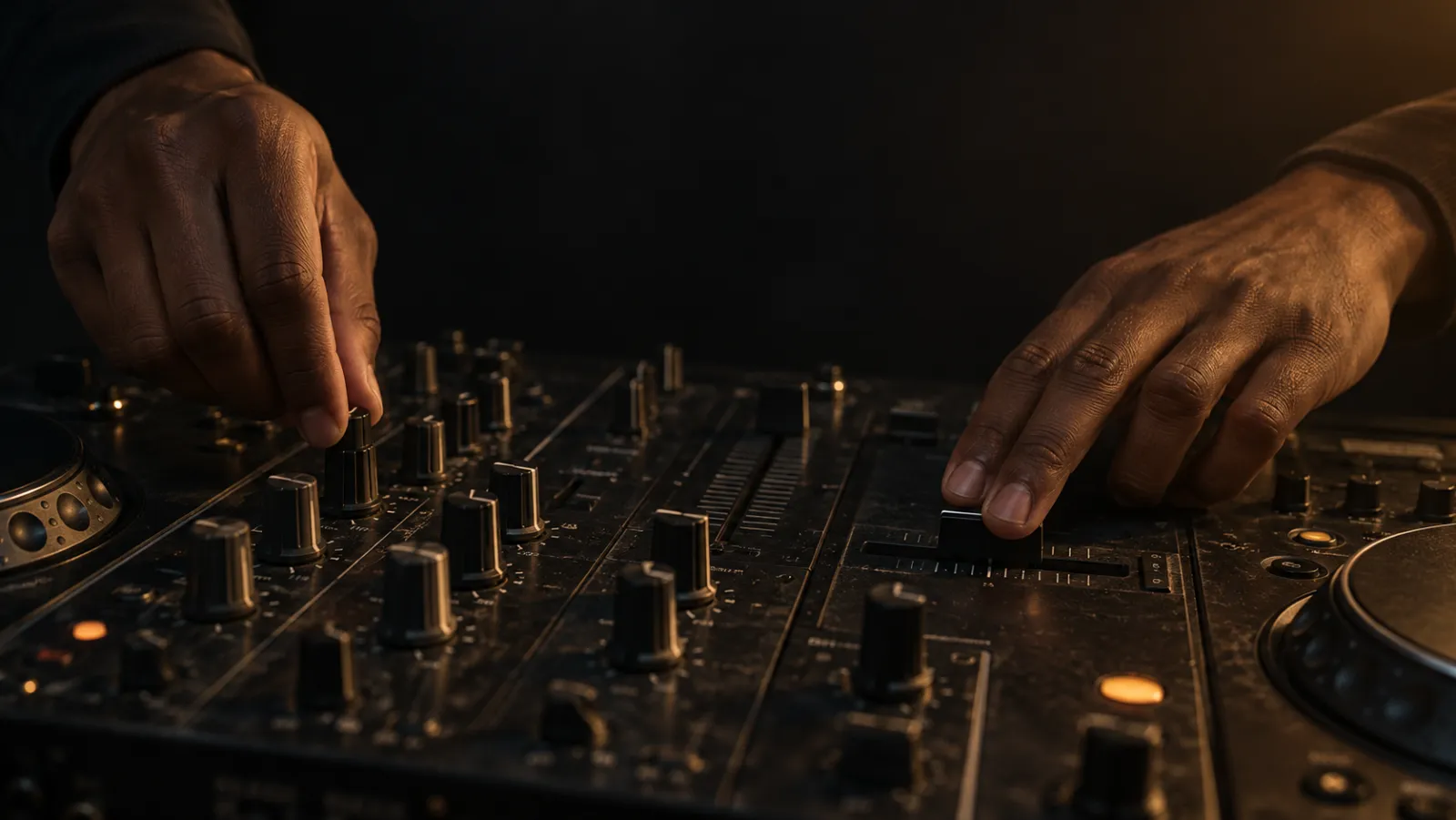 Illustrative close-up of anonymous hands adjusting a DJ mixer